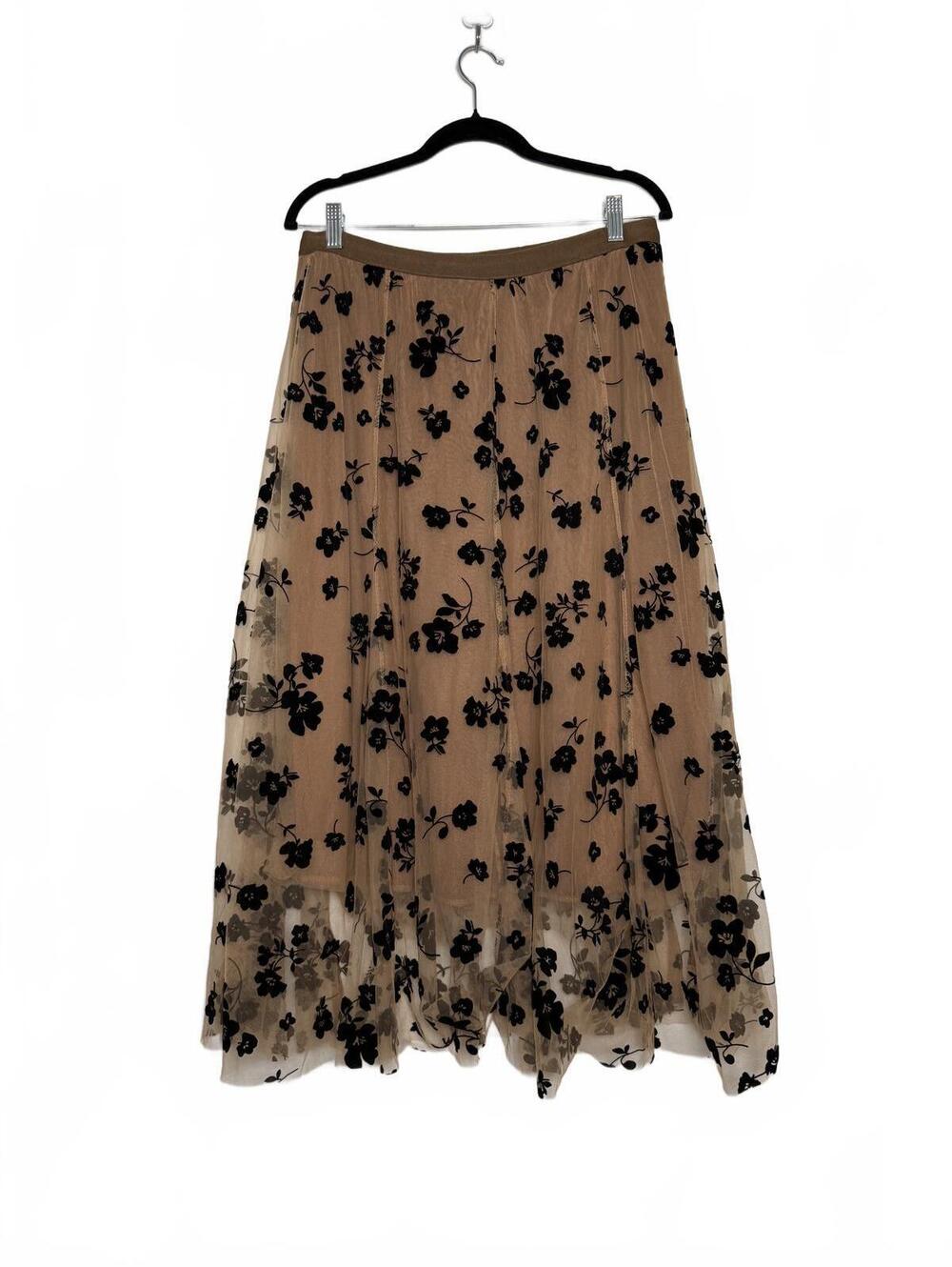 Women's Beige Mesh Midi Skirt with Black Floral Embroidery, Pleated